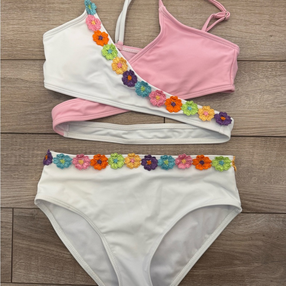 Kids Swimwear Set with Floral Accents - Pink and White